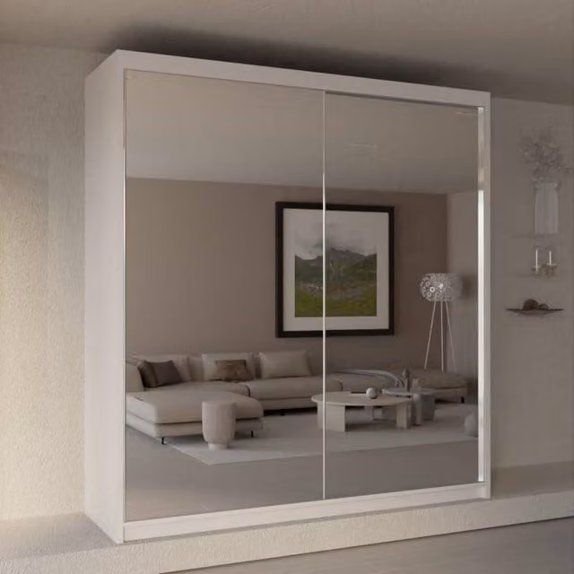 Sliding Wardrobes 4U Jacklin Double Mirror Sliding Door Wardrobe, White, W: 150 cm, H: 217 cm