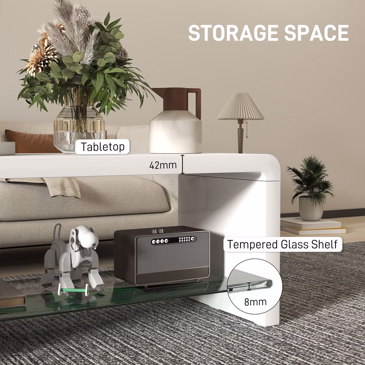 HOMCOM Modern Two-Tier Curved Coffee Table in Glossy White – 4
