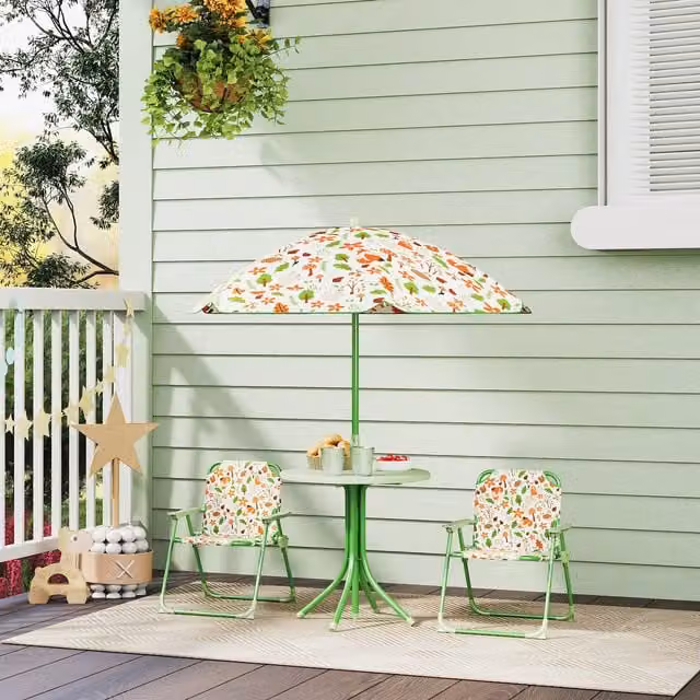 AIYAPLAY Kids Picnic Table with Folding Chairs and Parasol in Green Floral Design