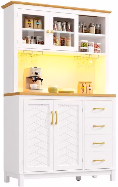 Merax Kitchen Pantry Cabinet Sideboard with Hutch, LED Lighting and Wine Glass Racks, White, W/D/H: 105.5 x 40 x 180 cm
