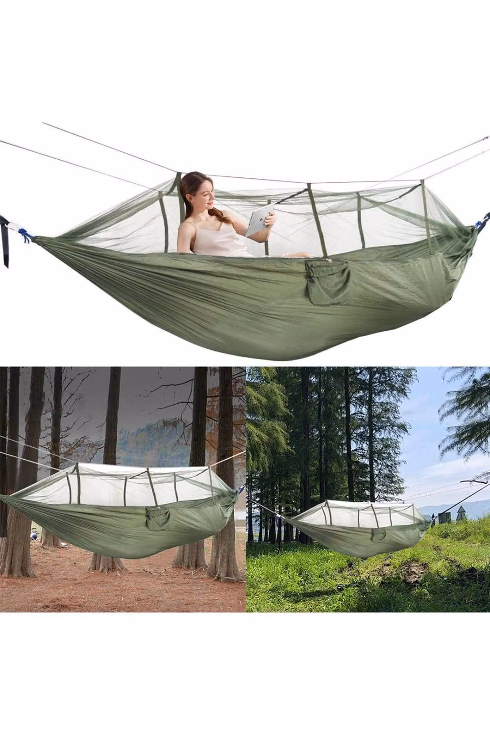 KDMD Double Camping Hammock with Integrated Mosquito Net, 200kg Capacity, Green – 5