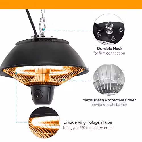 Outsunny 600W Ceiling Hanging Halogen Electric Heater with Adjustable Hook Chain, Black Aluminium Frame – 5