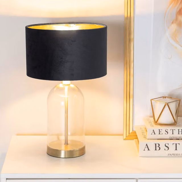 ValueLights Jessy Glass Table Lamp with Gold Trim, Black Velvet Drum Shade and Bulb Included