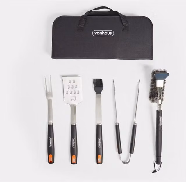 VonShef 6 Piece Stainless Steel BBQ Tool Set with Bag in Black