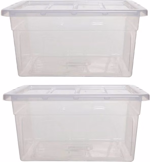 Whitefurze Spacemaster Midi 32L Transparent Plastic Stackable Storage Boxes with Lid, Set of 2