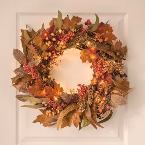Lights4fun Pre Lit Maple Orchard Autumn Wreath in Red, Green and Multicolour, Diameter: 60 cm