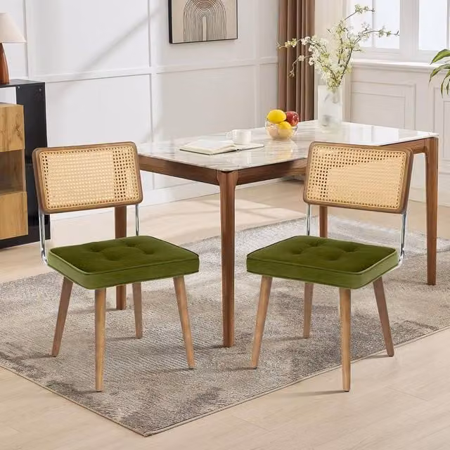 London Boutique Set of 2 Green Velvet Upholstered Rattan Dining Chairs with Rubberwood Legs