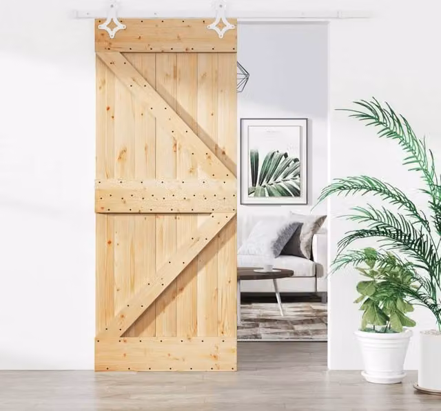 Berkfield Home Modern Sliding Door with Hardware Set in Brown Solid Pine Wood, W: 85 cm, H: 210 cm