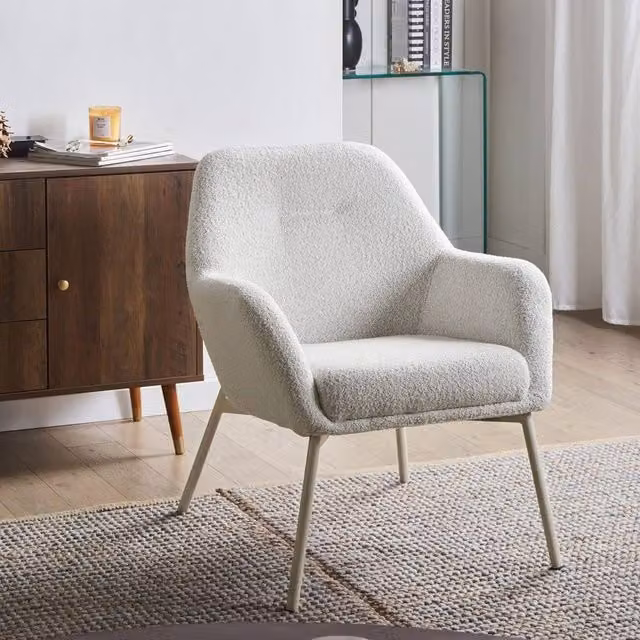 Wyld and Coco White Bouclé Fabric Tub Armchair with Metal Legs, W: 65 cm, D: 70 cm, H: 78 cm