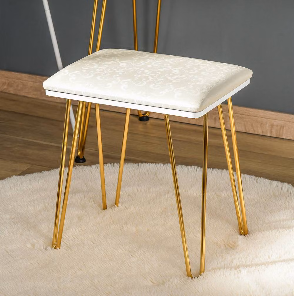 STILVORA Modern Dressing Table Set with LED Mirror and Stool in White and Gold – 4