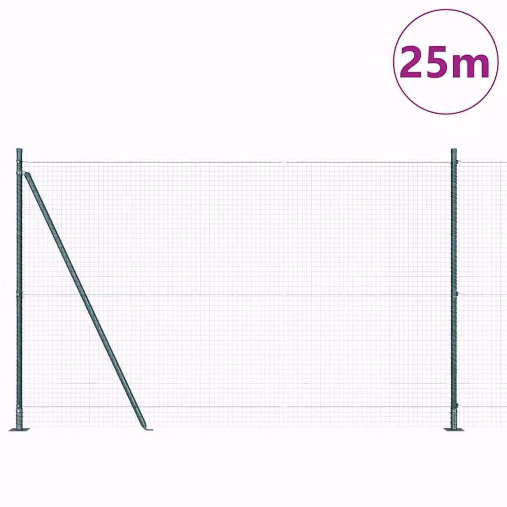 Berkfield Home Green PVC-Coated Steel Welded Wire Fence with 13 Flanged Posts, W: 25 m, H: 1.4 m – 2