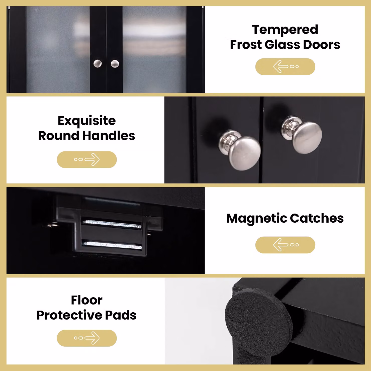 Gymax Tall Black Matt Bathroom and Kitchen Storage Cabinet with Tempered Glass Doors – 6