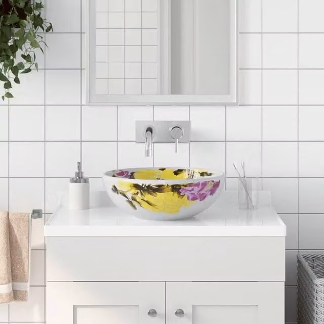 Berkfield Home Round Ceramic Countertop Basin in White and Multicolour, Diameter: 41 cm, Height: 14 cm