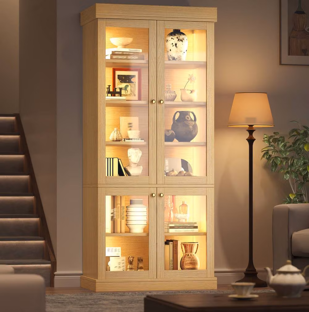 STILVORA Modern Freestanding Storage Cabinet with Glass Doors and Integrated Lighting in Brown – 2