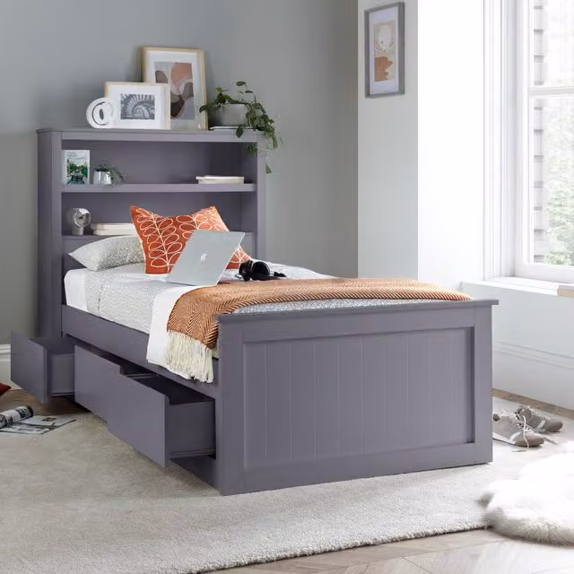 Bedmaster Enzo Grey Solid Wood 3 Drawer Storage Bookcase Bed, 90 x 200 cm