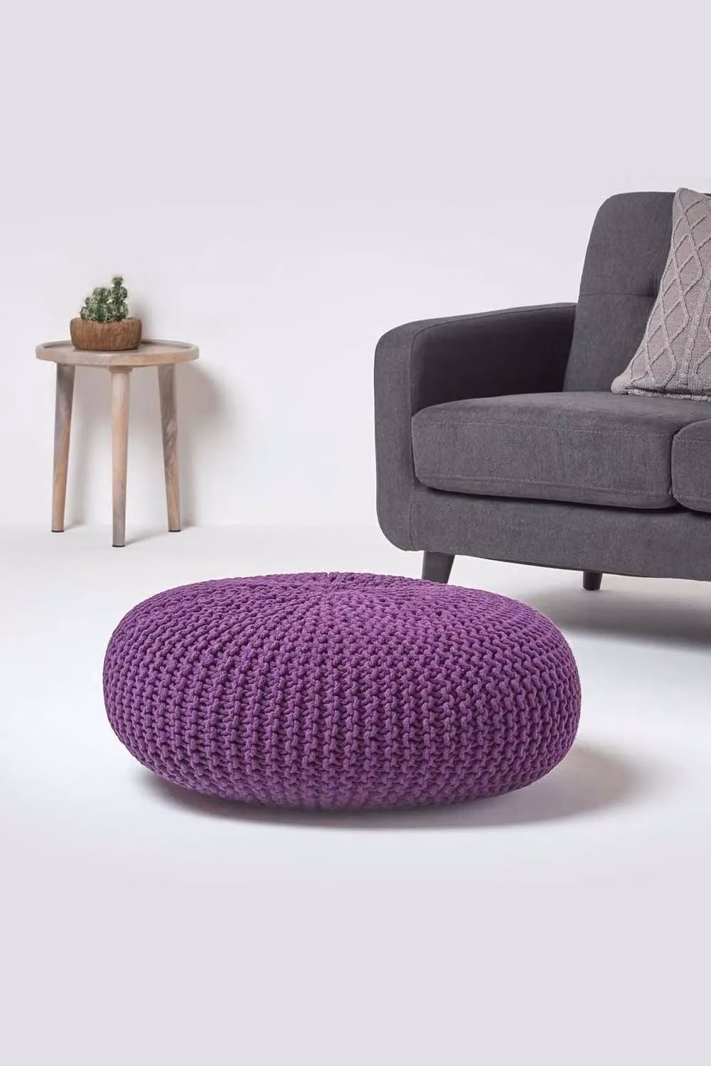 Homescapes Large Round Cotton Knitted Pouffe Footstool in Purple – 2