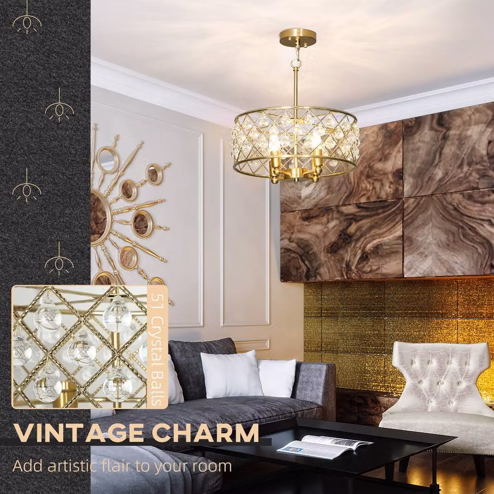 HOMCOM Modern Crystal Ceiling Light with Adjustable Height in Gold – 2