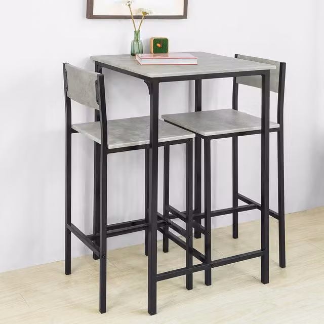 SoBuy Modern Dining Set with 1 Square Bar Table and 2 Stools in Grey and Black