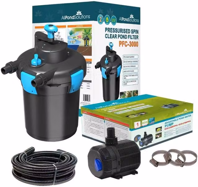 AllPondSolutions PFC-3000-KIT Easy Clean Pressurised Pond Filter Set, 3000L, Black