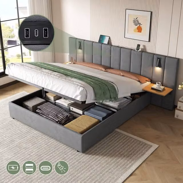 Rolipo King Size Grey Velvet Ottoman Bed with USB Charging Port, Integrated Reading Light and Bedside Shelf, W/D/H: 180 x 200 cm – 1