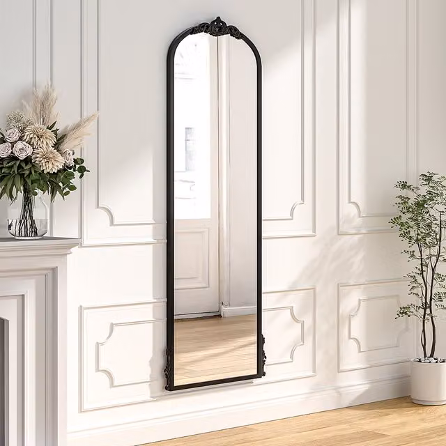 Livingandhome Arch-Top Metal Framed Full-Length Wall Mirror in Black