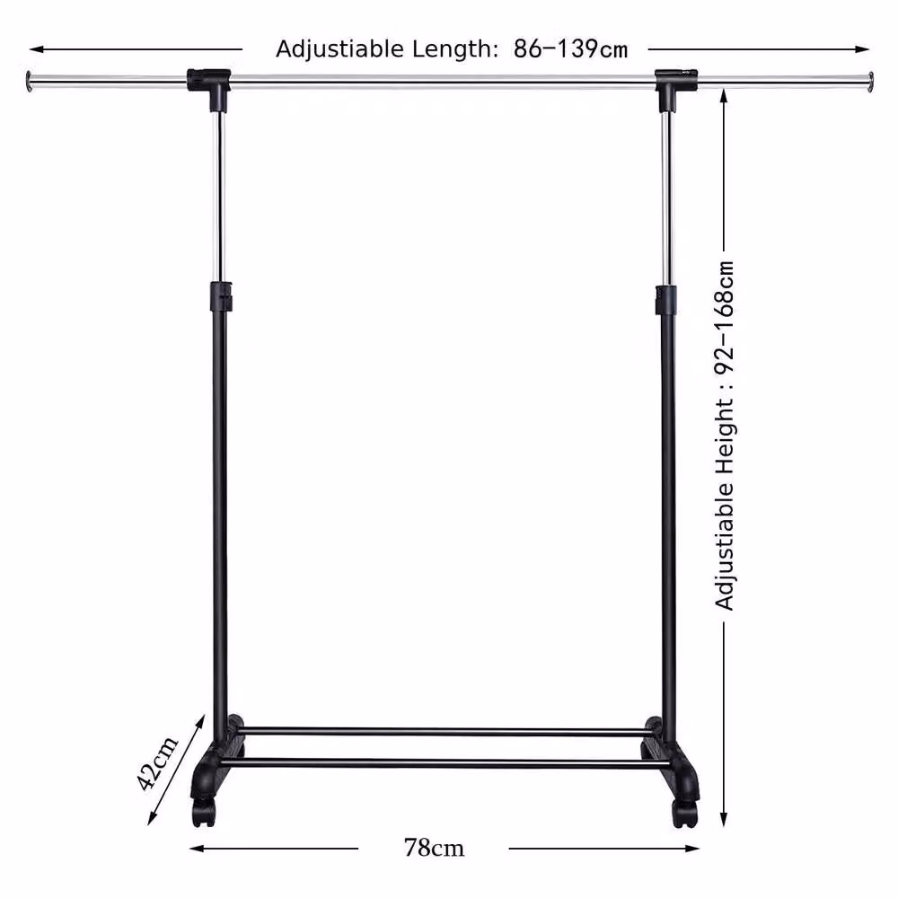 CASART Height-Adjustable Rolling Clothes Rack with Pull-out Rail in Matt Black Metal – 3
