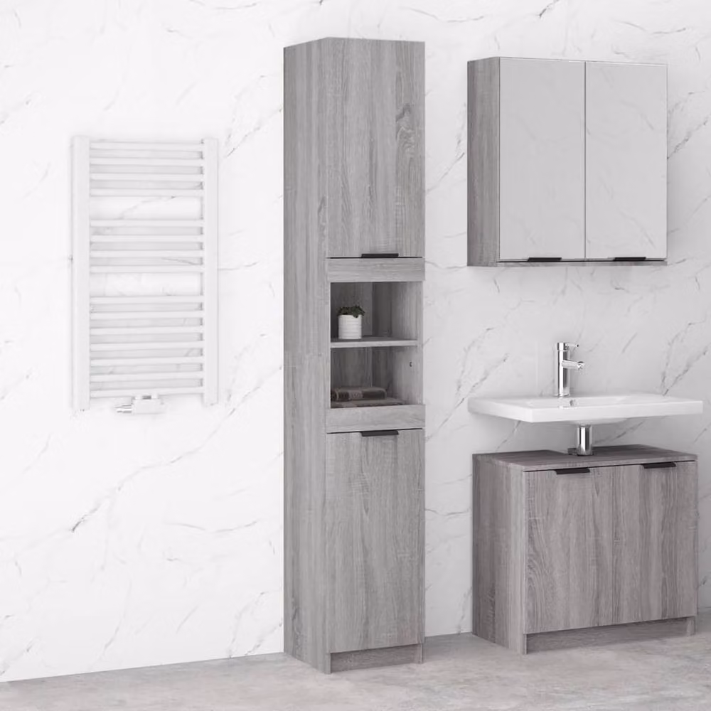 Berkfield Home Grey Sonoma Wall Mounted Bathroom Cabinet with Hinged Doors and Open Shelf, W/D/H: 32 x 32 x 188.5 cm – 2
