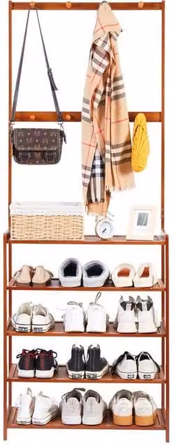 ERGOVEXA 5-Tier Bamboo Shoe Rack and Hat Display Shelf Unit with Handbag Hangers in Brown – 1
