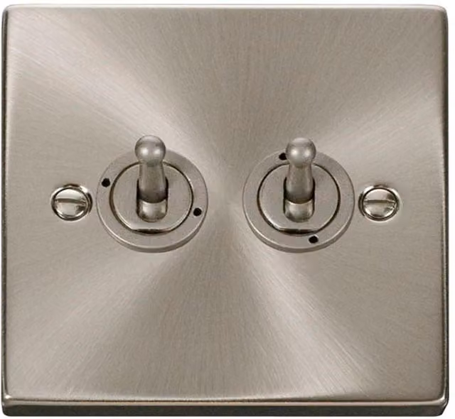SE Home 2 Gang 2 Way 10AX Toggle Light Switch in Satin Brushed Chrome and Metallic Silver