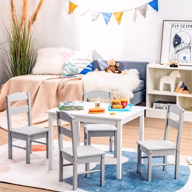 Costway Kids Table and 4 Chairs Set in Grey Lacquered Pine Wood