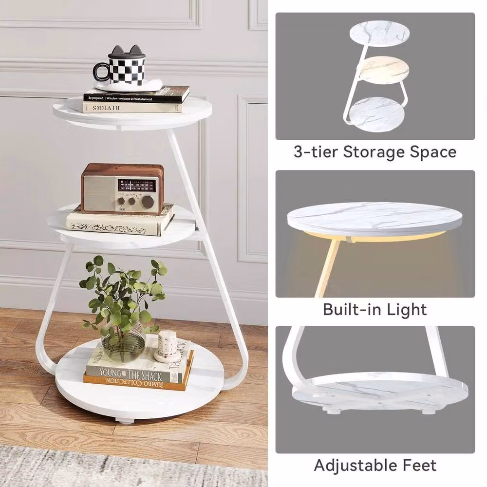 EONLION 3-Tier Modern White Marble Sofa Side Table with LED Light and Sled Base, Height: 100 cm – 5