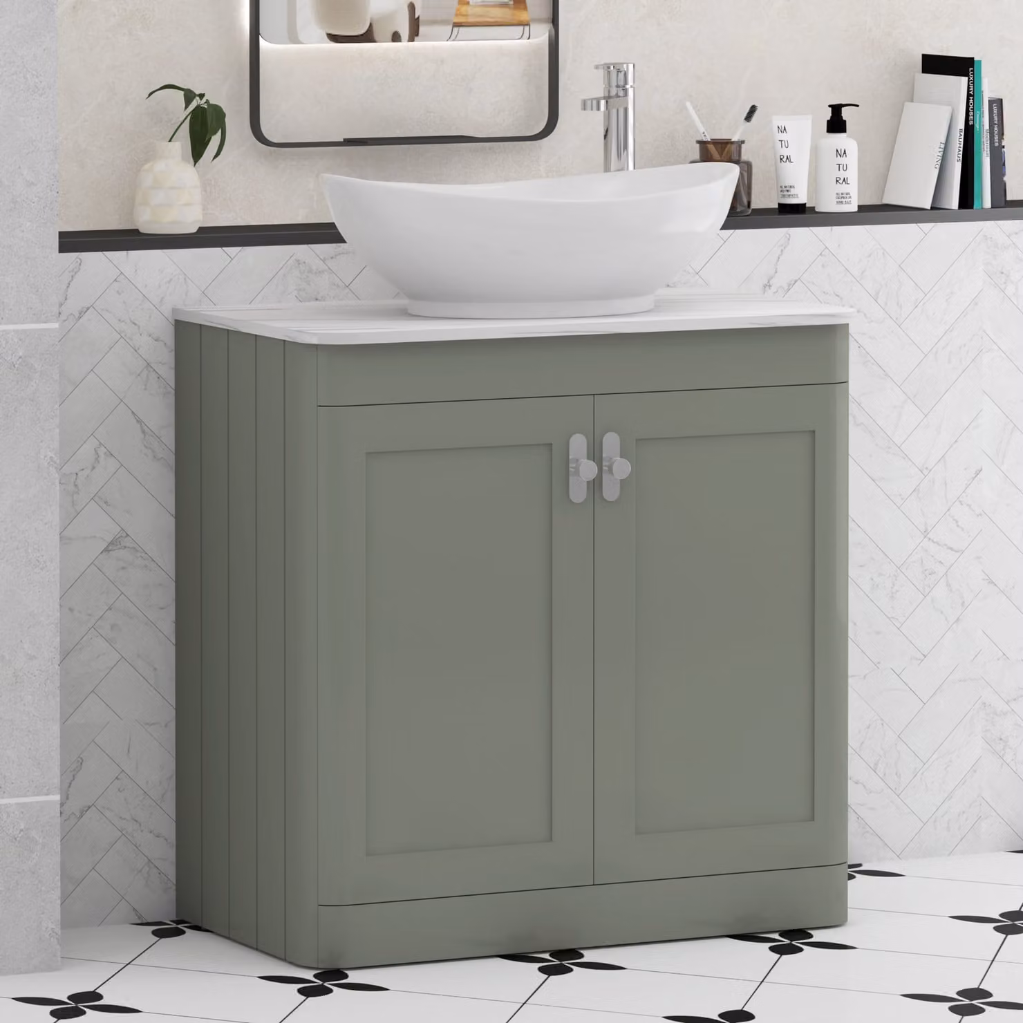 Royal Bathrooms Henley 800mm Sage Green Floor Standing 2 Door Vanity Unit with Amaze Basin and Chrome Knob