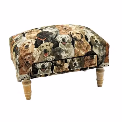 AcaciaHome Deluxe Upholstered Ottoman Footstool with Drawer in Dog Art Fabric Multicolour – 1