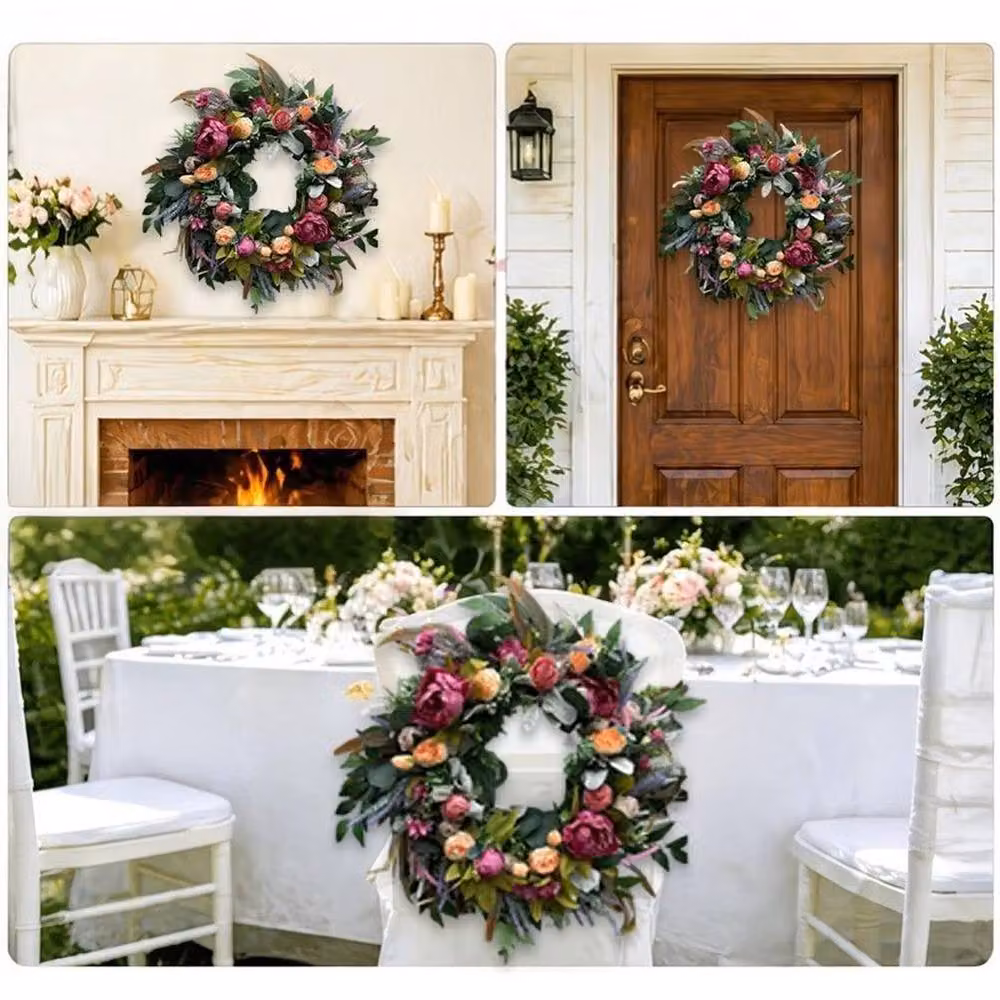 FLAVORA Pink and Multicolour Artificial Peony Flower Front Door Wreath, Diameter: 45 cm – 6