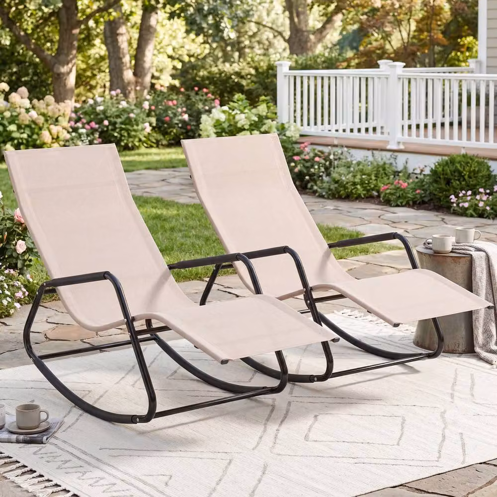 Costway Outdoor Rocking Lounge Chair with Armrests and Back Support Bar in Beige – 6