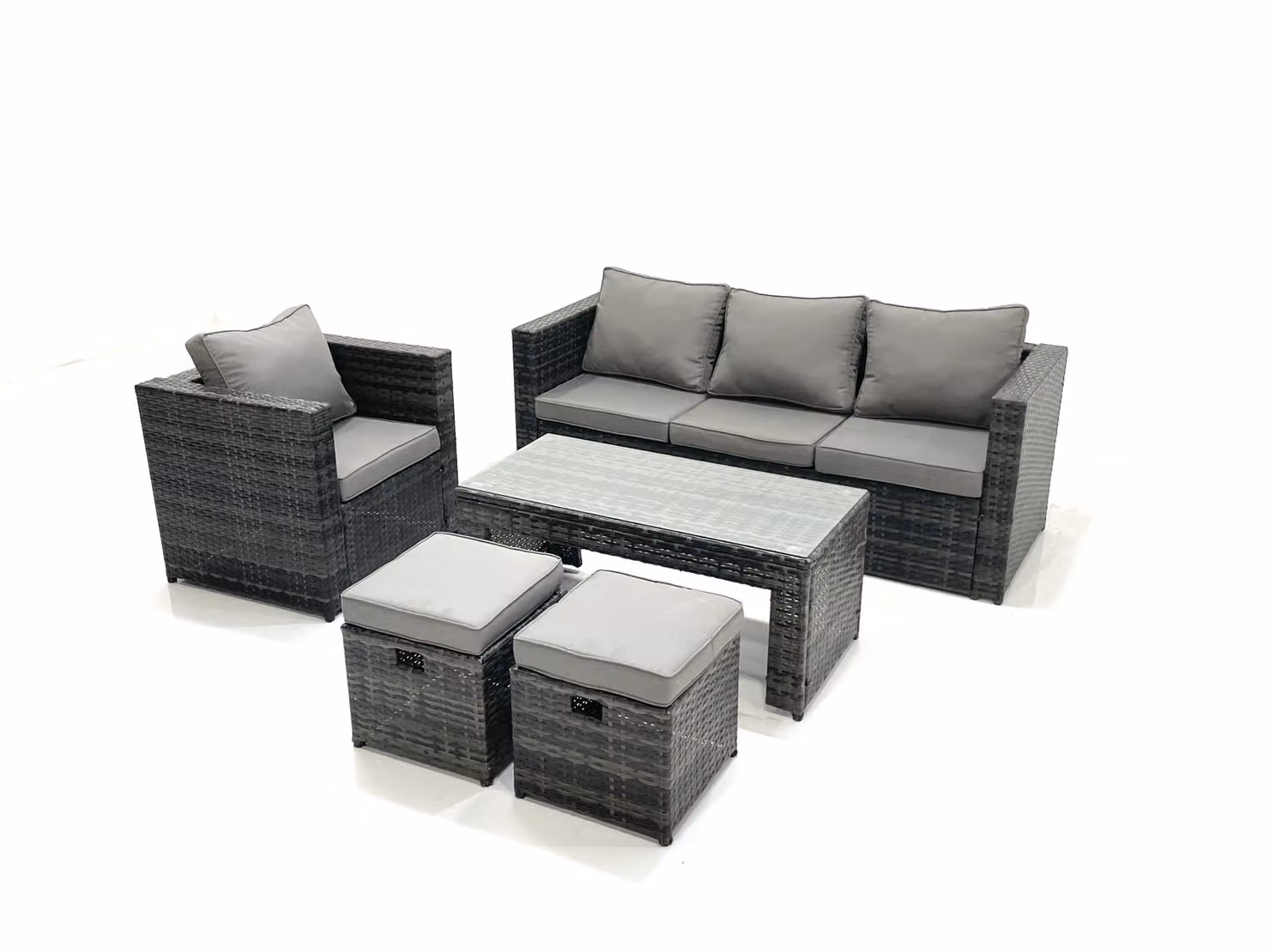 Fimous Rattan Garden Furniture Set in Dark Grey with Sofa, Armchair, Coffee Table and Two Footstools – 2
