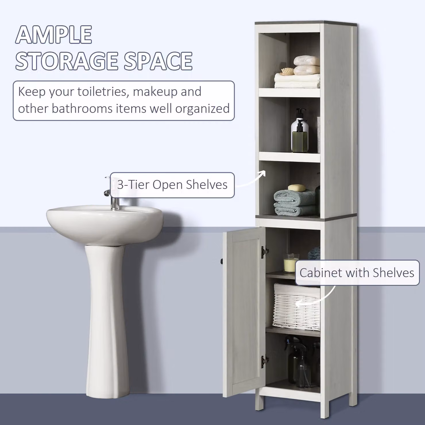Kleankin Tall White Bathroom Storage Cabinet with Adjustable Internal Shelves and Open Shelf – 3