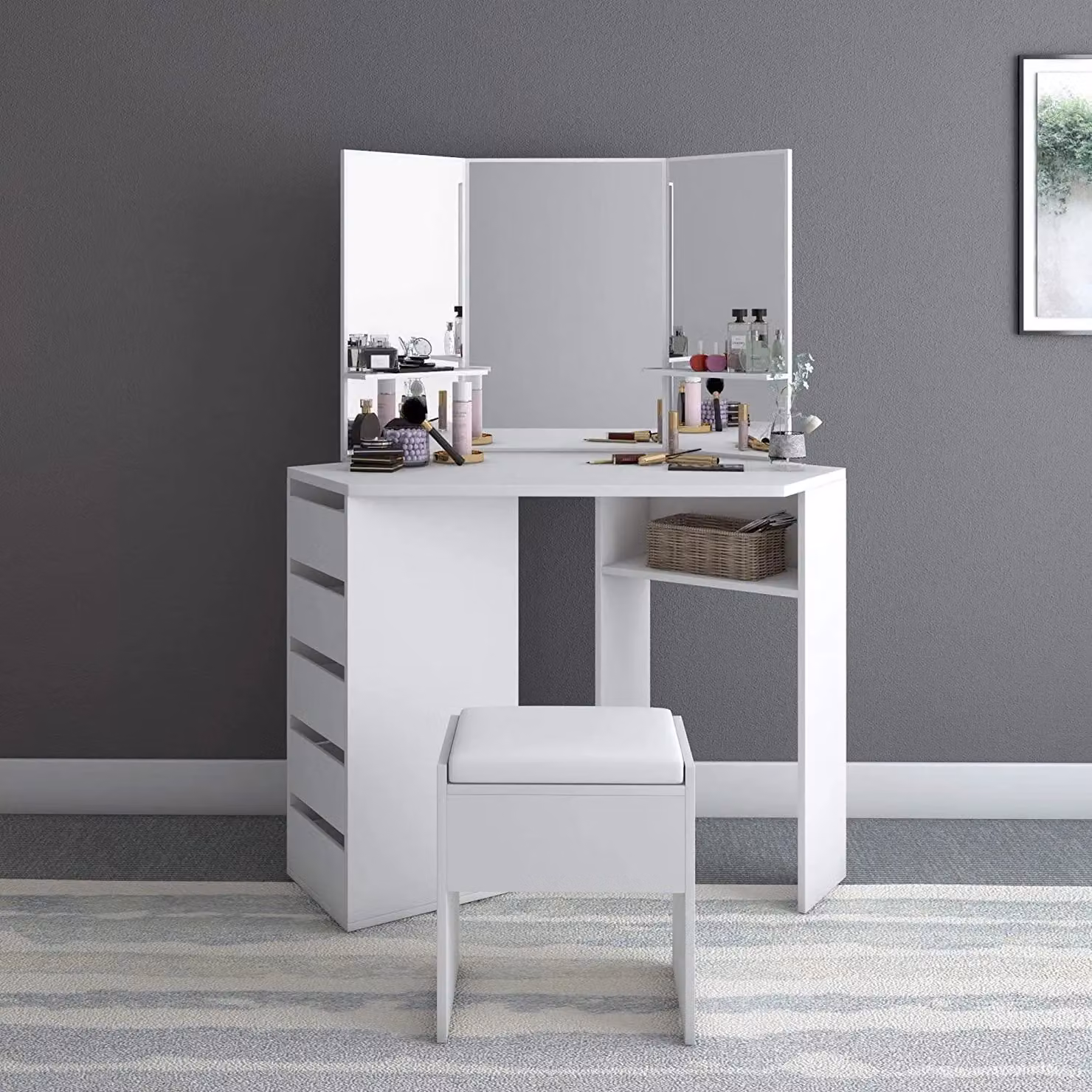 Kosy Koala Corner Dressing Table Makeup Vanity Set with 3 Mirrors and 5 Drawers in White – 4
