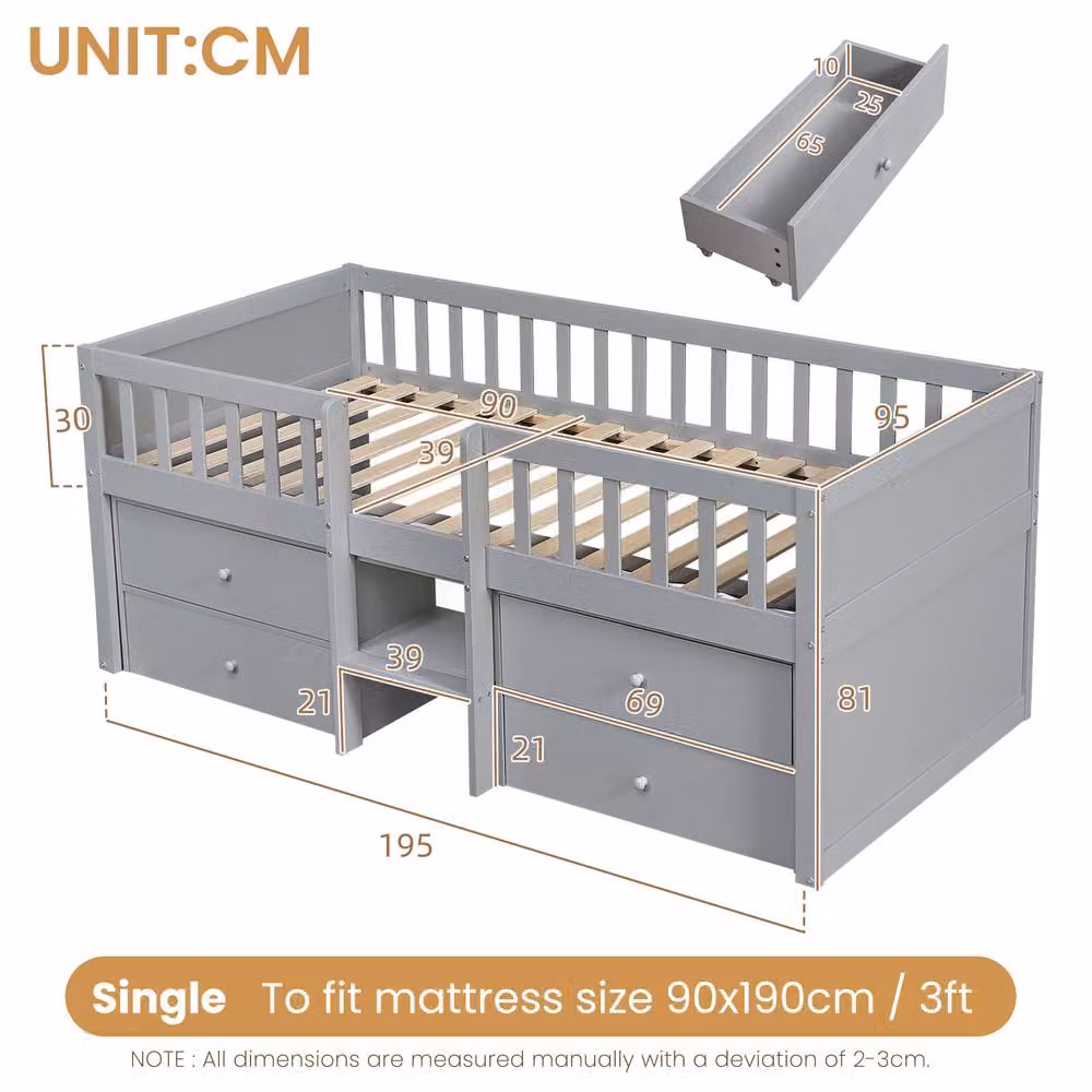 Matteo Low Loft Single Bed in Grey Solid Wood with Storage Drawers and Stairs – 2