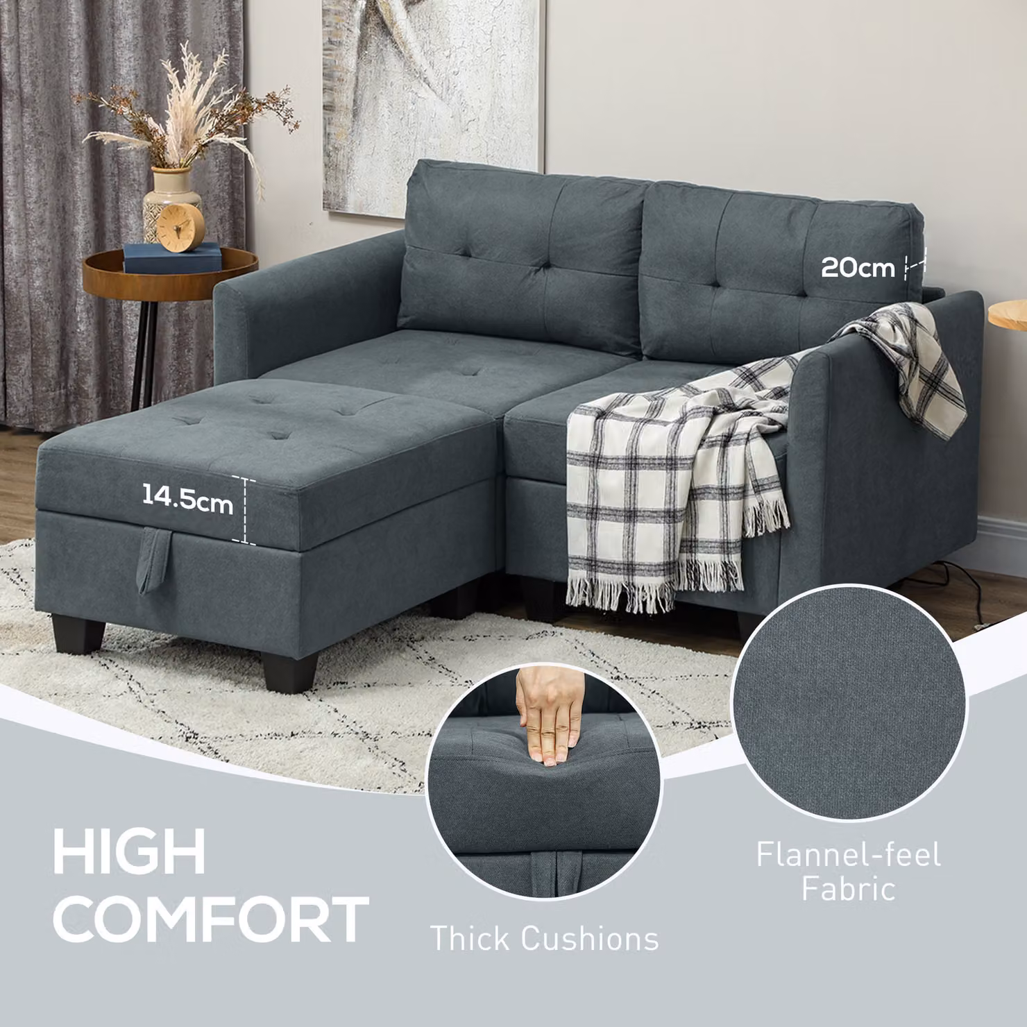 HOMCOM Reversible L-Shape Modular Storage Sofa in Dark Grey with Lift-Up Seats and Removable Fabric Covers – 5