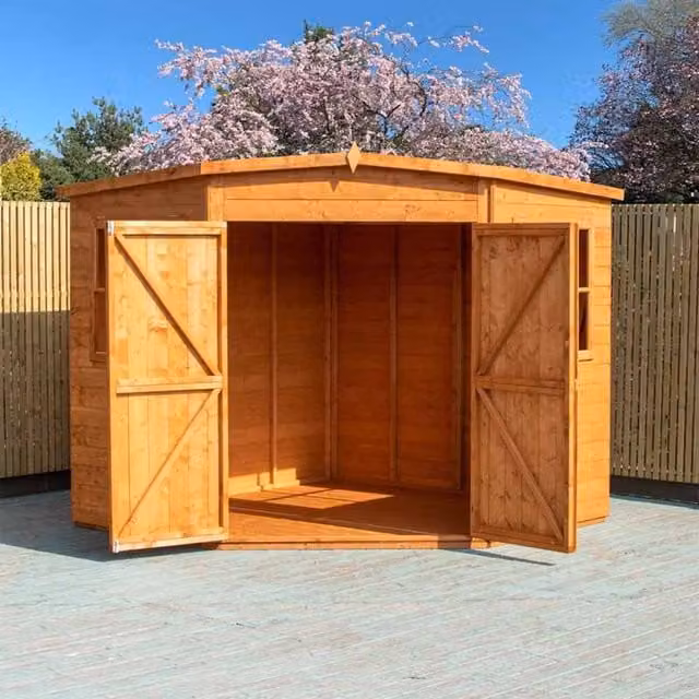 Shires Brown Tongue and Groove Corner Garden Shed with Double Doors