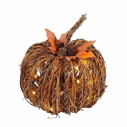 Lights4fun Rattan LED Pumpkin Autumn and Halloween Decoration, White and Brown, Battery Operated with Timer for Indoor and Outdoor Use – 3