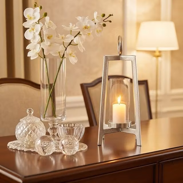 Orsina Mid-Century Modern Taper Candle Holder in Silver Metal and Glass, W/D/H: 44.0 x 24.0 x 24.0 cm