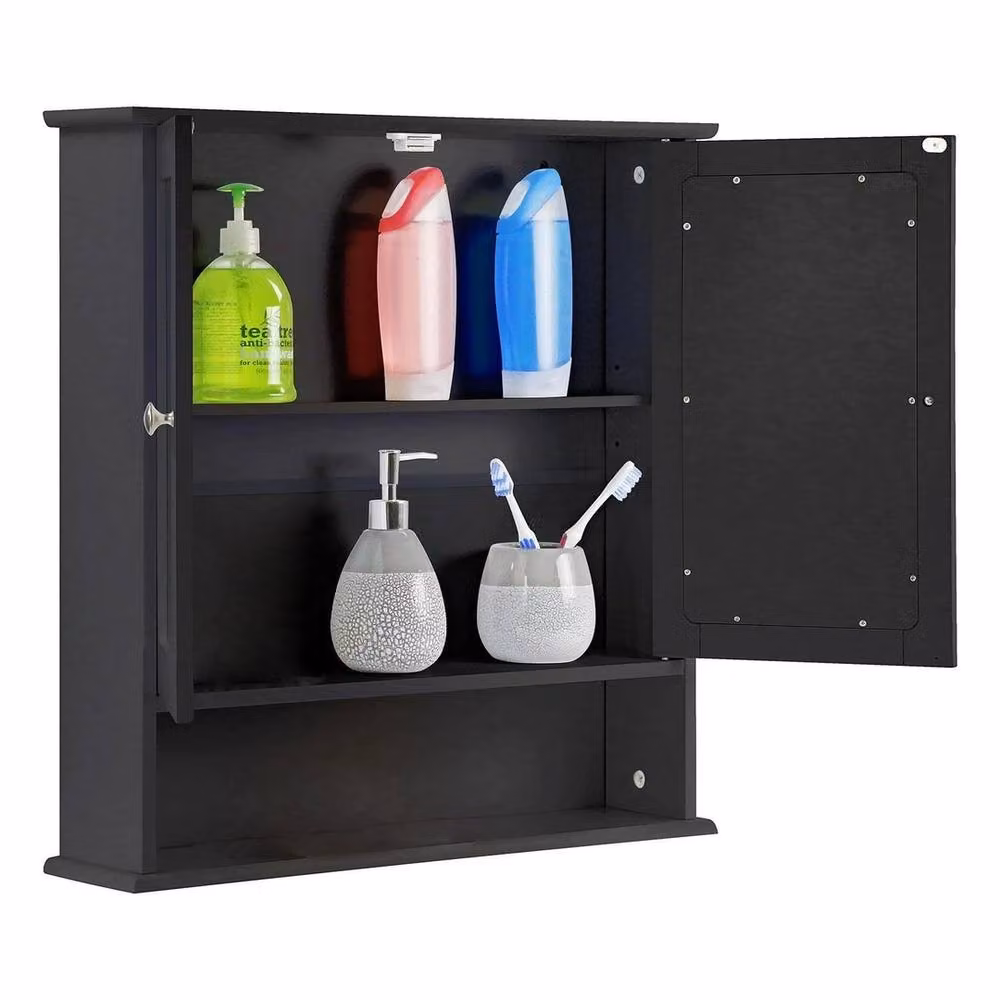 FORGEVIO Black Wooden Double Mirror Cabinet with Internal Shelves for Bathroom Wall Mounting – 3