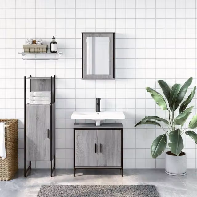 Berkfield Home Modern 3 Piece Grey Bathroom Furniture Set including Vanity Unit, Mirror Cabinet and Tall Cabinet