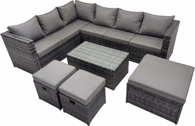 Fimous 9-Seat Outdoor Rattan Corner Sofa Set with Tempered Glass Coffee Table, Dark Grey