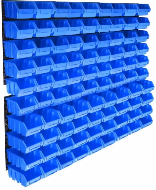 Berkfield Home 96 Piece Blue Plastic Wall Mounted and Stackable Storage Bin Kit with Back Panels