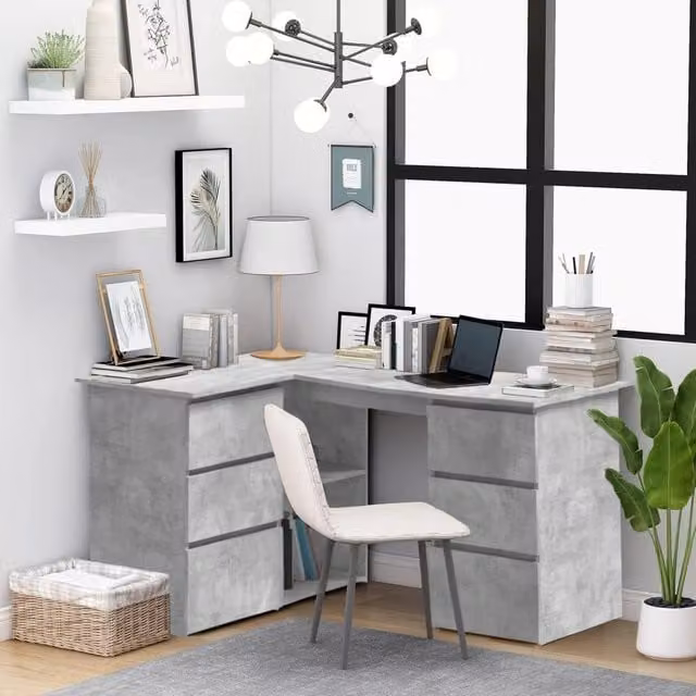Berkfield Home Corner Desk in Concrete Grey, W/D/H: 145 x 100 x 76 cm