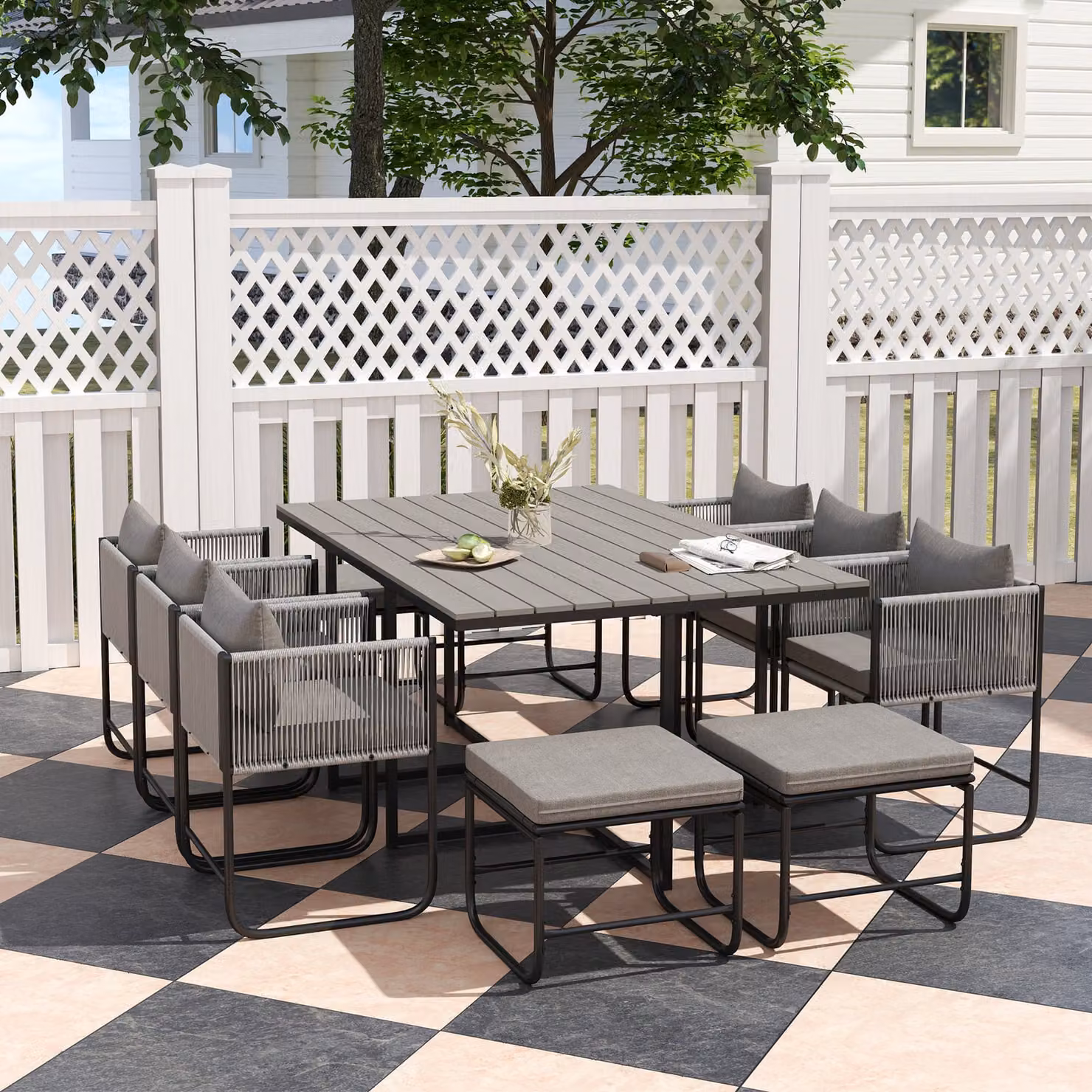 Outsunny 10 Seater Rattan Cube Garden Furniture Set in Grey with Cushions and Rectangular Wood Grain Plastic Top Table – 1