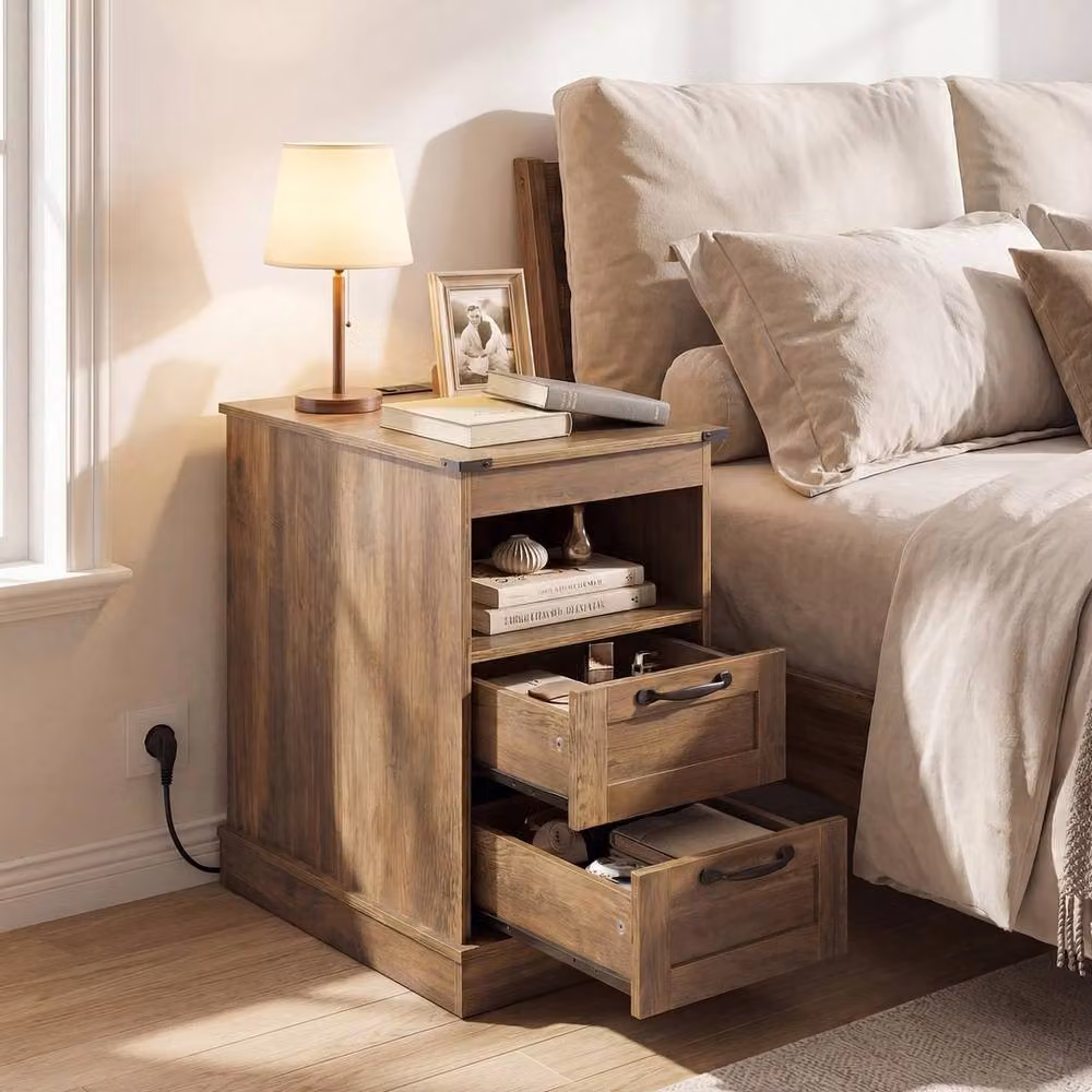 VOGREX Brown Farmhouse Charging Station Nightstand with Grommet and Media Compartments – 4